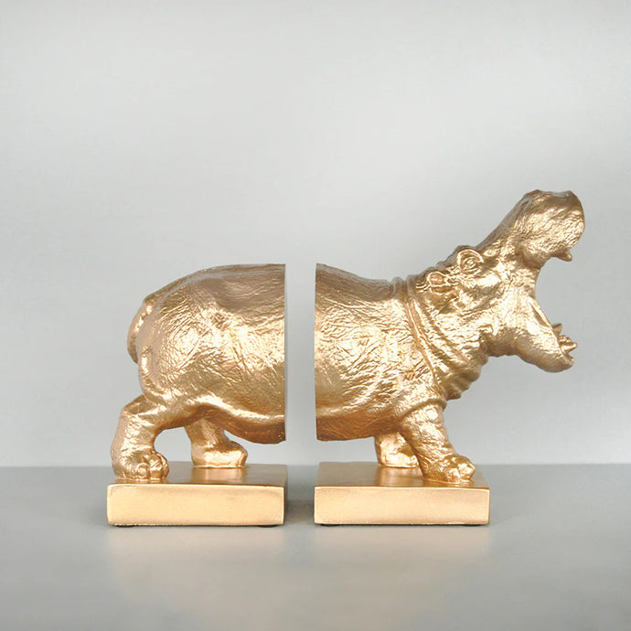 White Moose Hippo Bookend Set - Gold